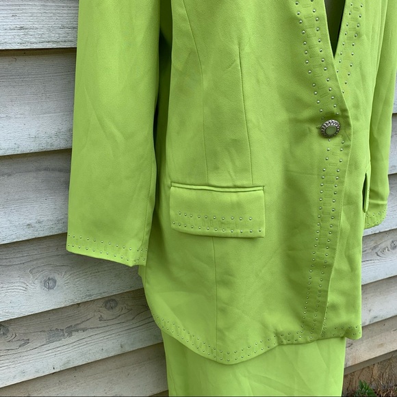 Vintage 80s Neon Lime Green Embellished Bejeweled 2 Piece Coordinated Skirt Set - Picture 10 of 16